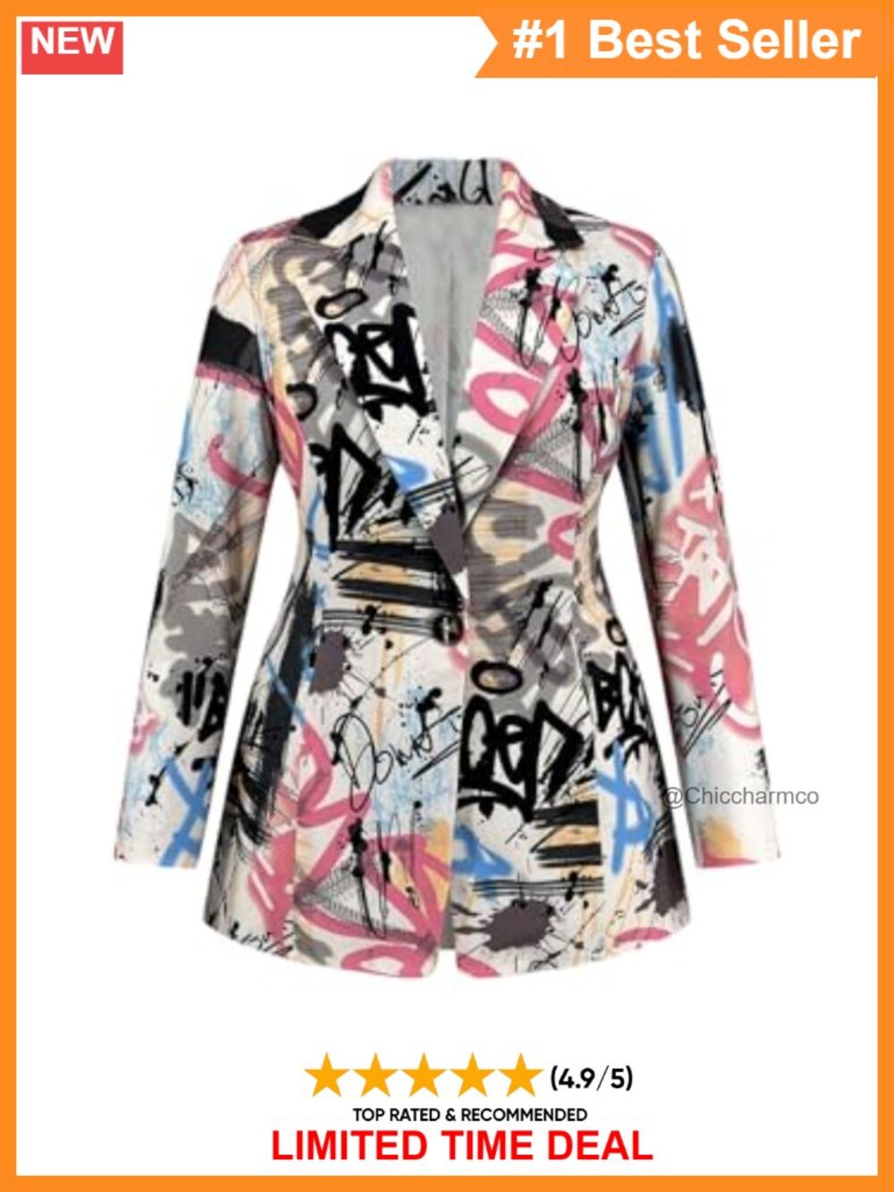 Plus Size Graffiti Graphic Button Front Collared Blazer Jacket